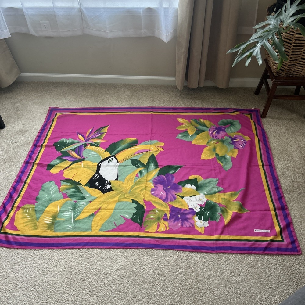 Franco Laurenti Vintage XL Tropical Toucan Hibiscus Scarf Pink Made in Italy